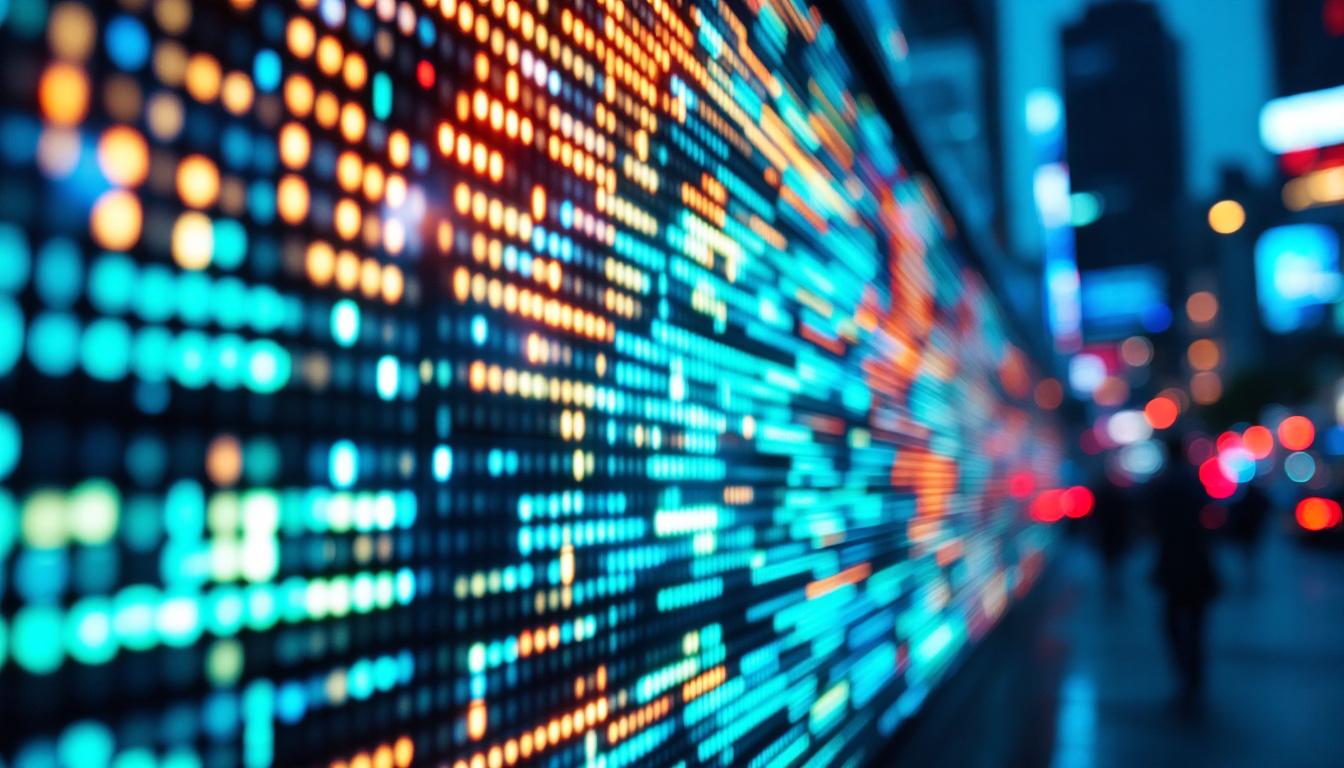 A photograph of a vibrant led display showcasing dynamic visuals