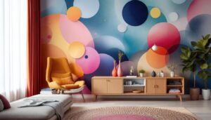 A photograph of a stylishly decorated room featuring a vibrant 24-inch wide peel and stick wallpaper