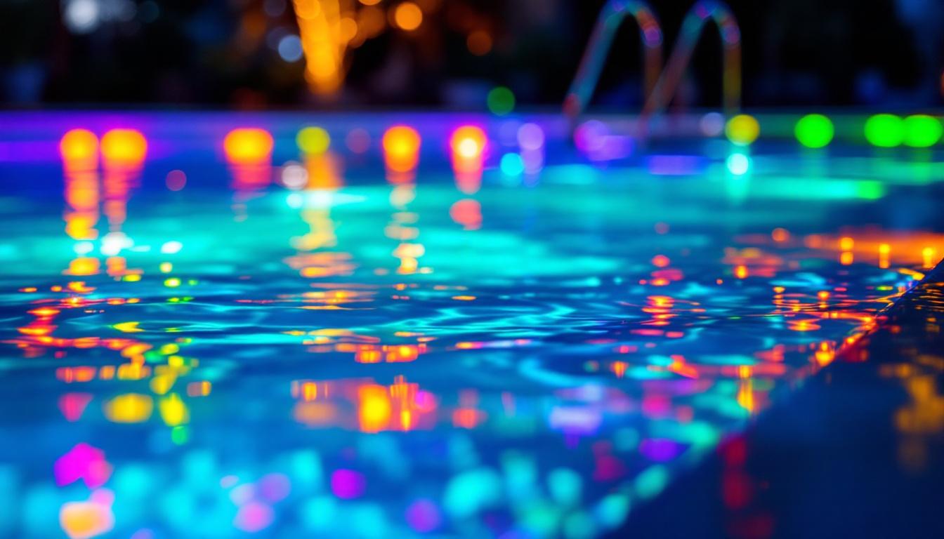 A photograph of a beautifully illuminated pool at night