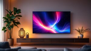 A photograph of a sleek plasma flat screen tv displaying vibrant led visuals in a modern living room setting