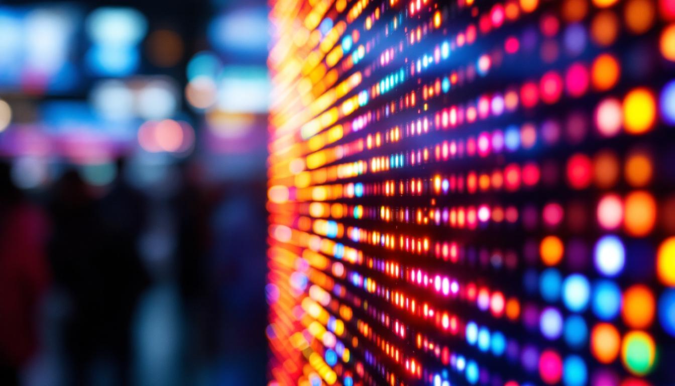A photograph of a close-up shot of a vibrant led display in action