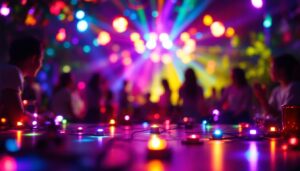 A photograph of a vibrant scene featuring various led party lights in action
