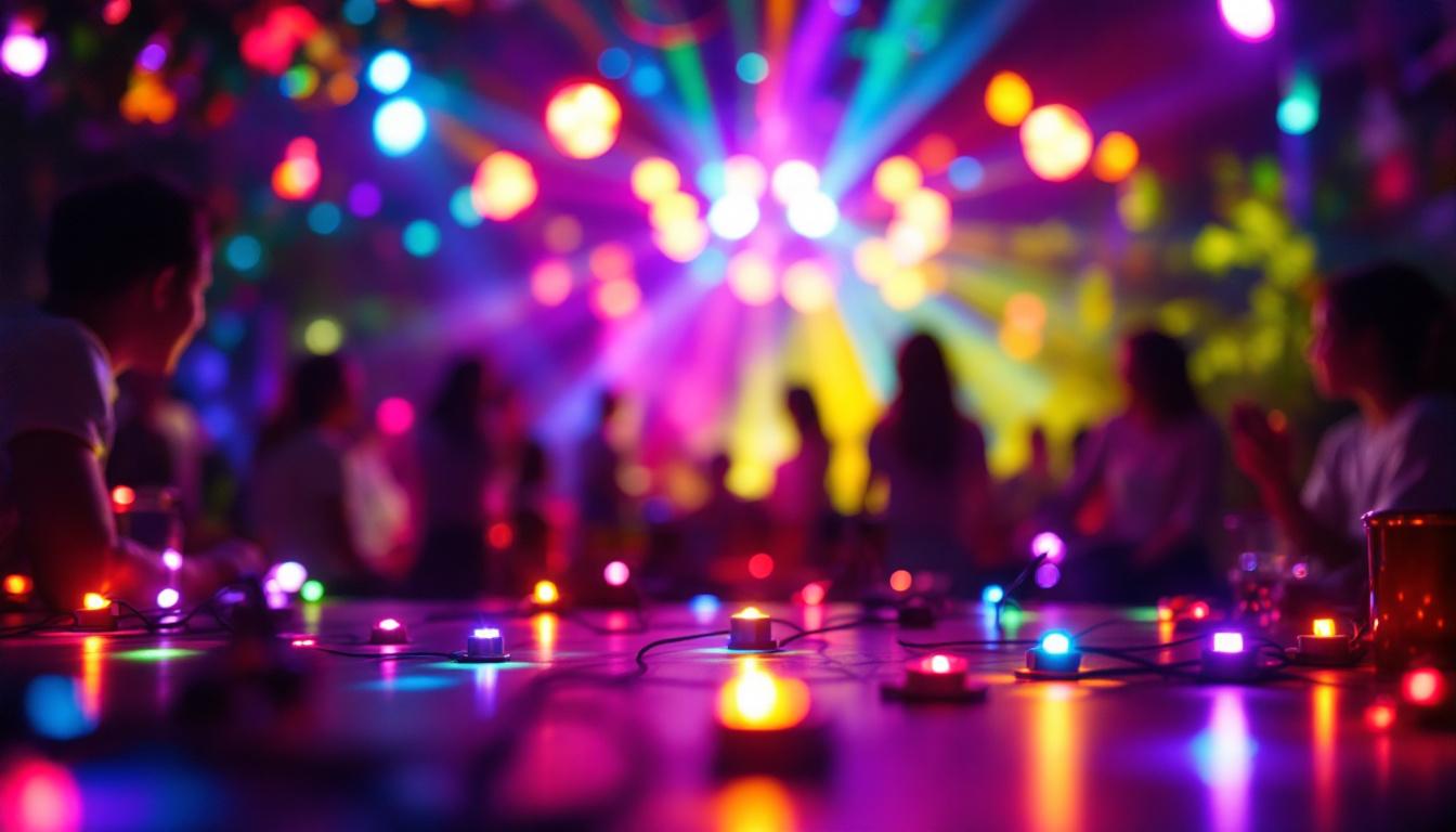 A photograph of a vibrant scene featuring various led party lights in action