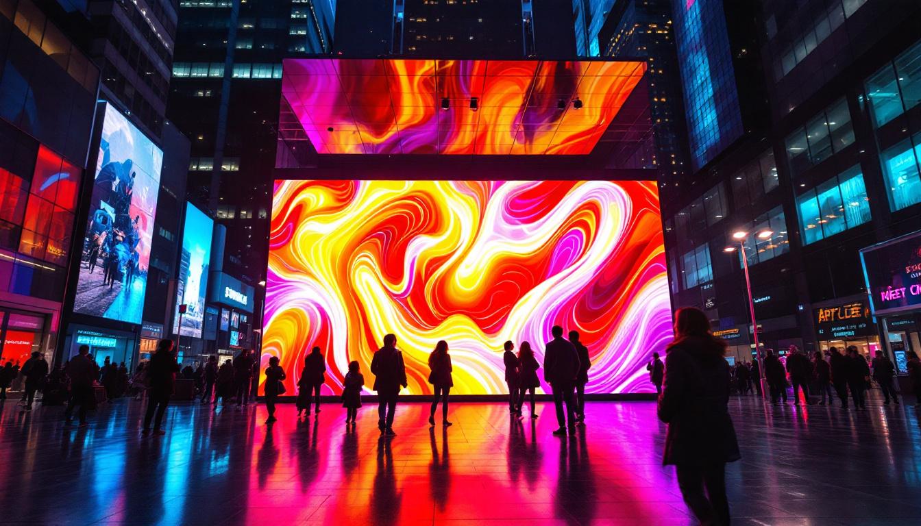 A photograph of a vibrant led display in a dynamic urban setting