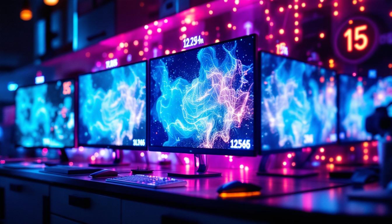 A photograph of a vibrant led display showcasing various monitor resolutions side by side