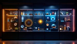 A photograph of a well-lit display cabinet showcasing various items illuminated by vibrant led display lights