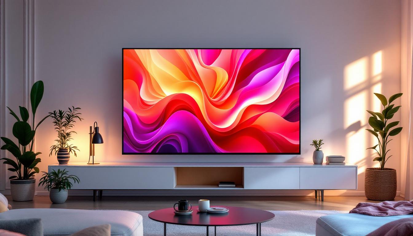 A photograph of a sleek 40-inch lcd panel displaying vibrant led visuals in a modern living room setting