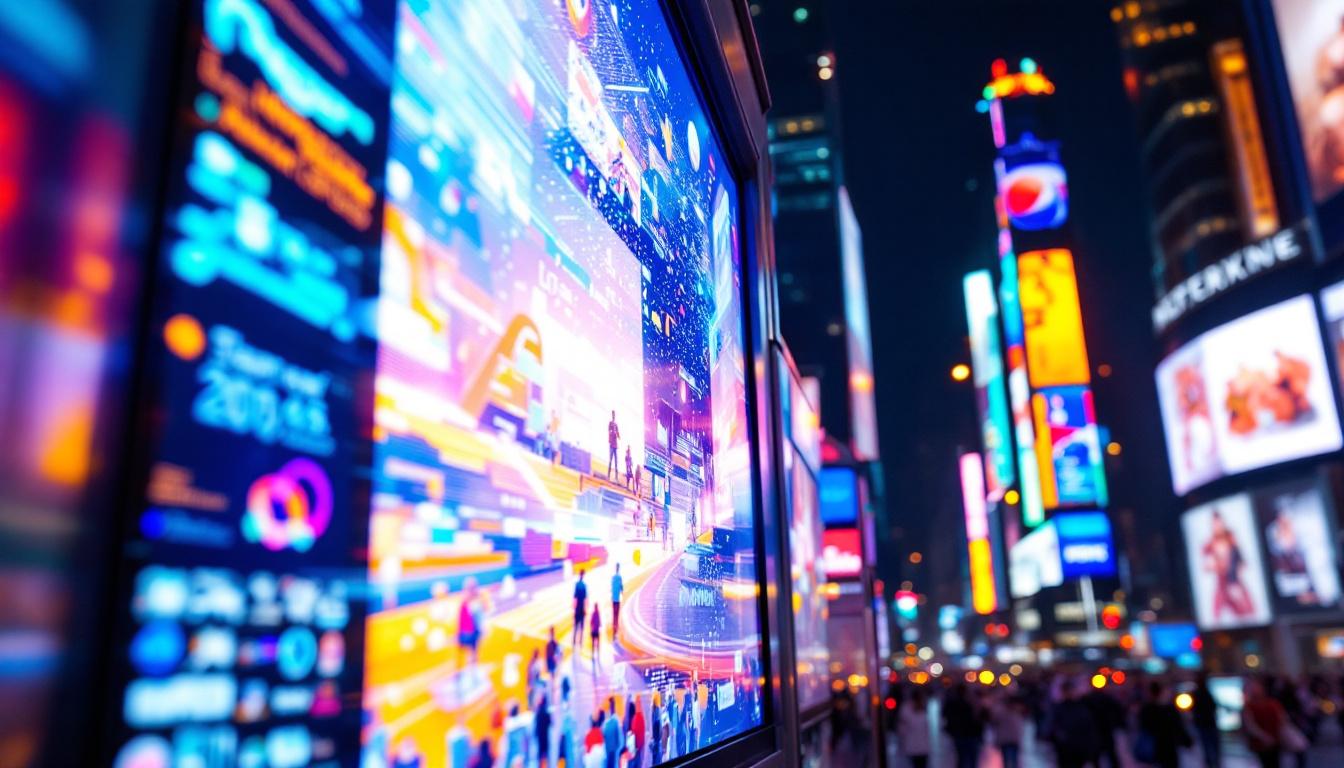 A photograph of a vibrant led display showcasing various colorful graphics or advertisements in a bustling urban setting