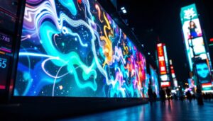 A photograph of a vibrant led display showcasing dynamic artwork in an urban setting