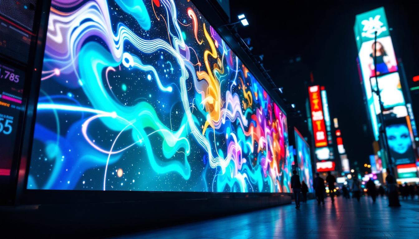 A photograph of a vibrant led display showcasing dynamic artwork in an urban setting
