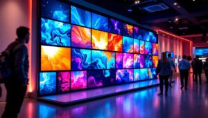 A photograph of a vibrant and well-lit display featuring used grid walls showcasing an array of led screens