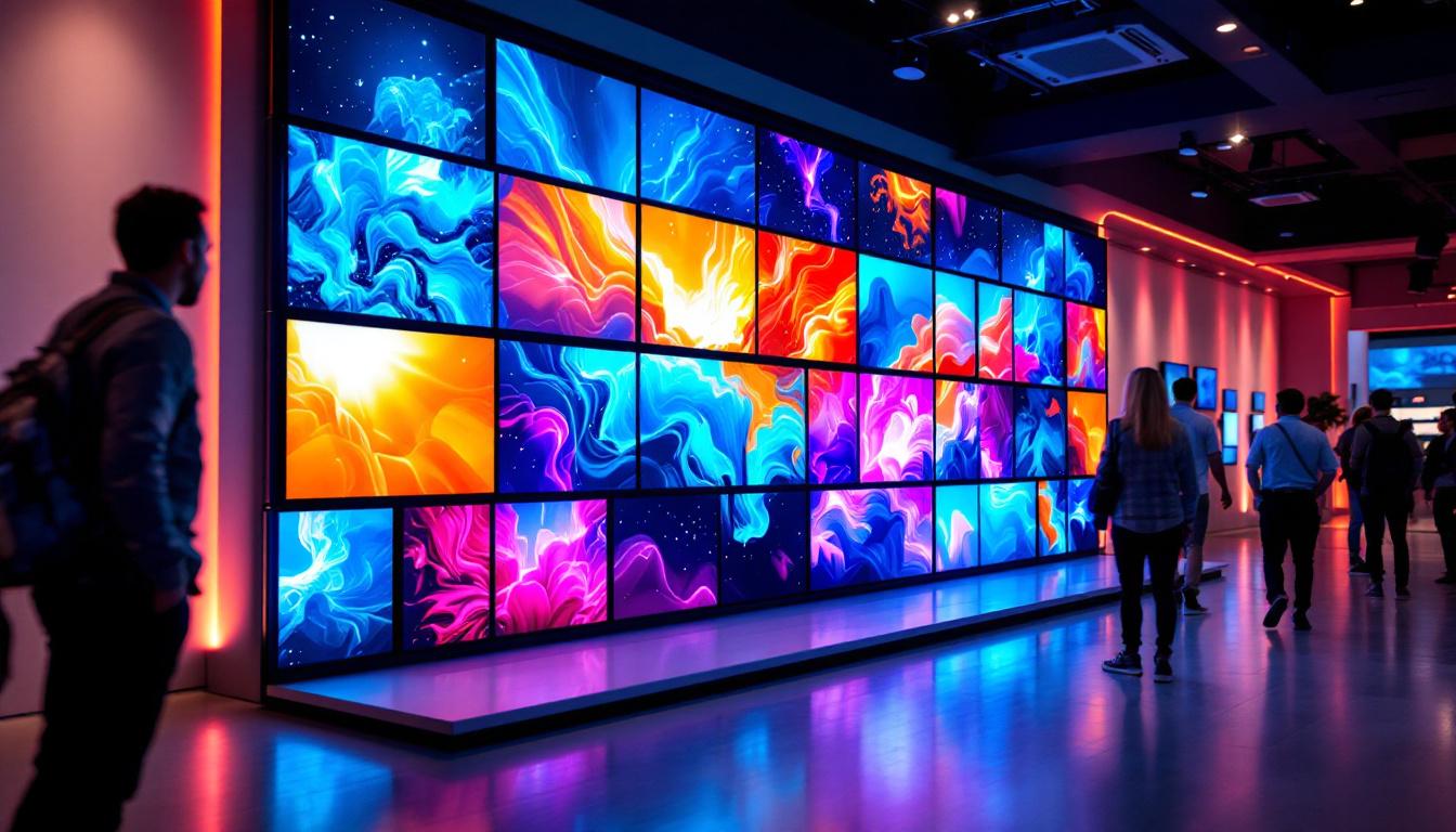 A photograph of a vibrant and well-lit display featuring used grid walls showcasing an array of led screens