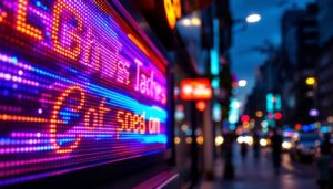 A photograph of a vibrant outdoor led business sign illuminated at dusk