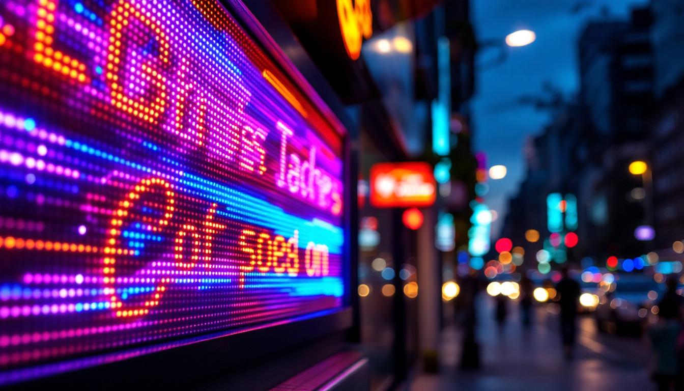 A photograph of a vibrant outdoor led business sign illuminated at dusk