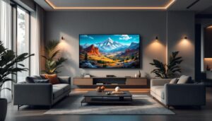 A photograph of a spacious living room setting featuring a 98-inch led tv mounted on the wall