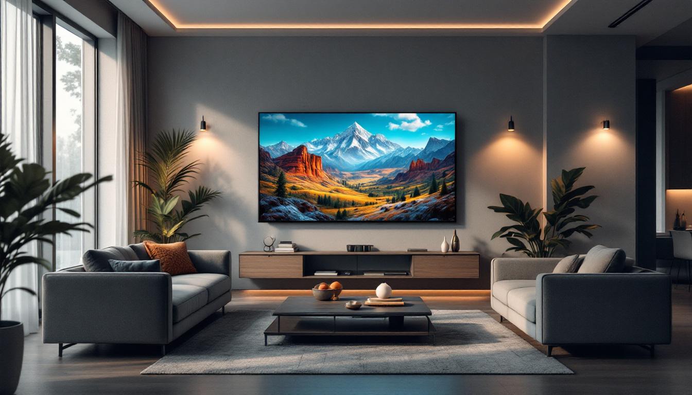 A photograph of a spacious living room setting featuring a 98-inch led tv mounted on the wall