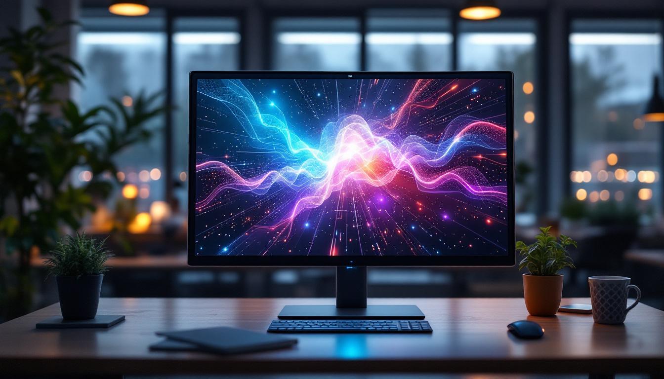 A photograph of a sleek industrial touchscreen monitor displaying vibrant led graphics in a modern workspace setting