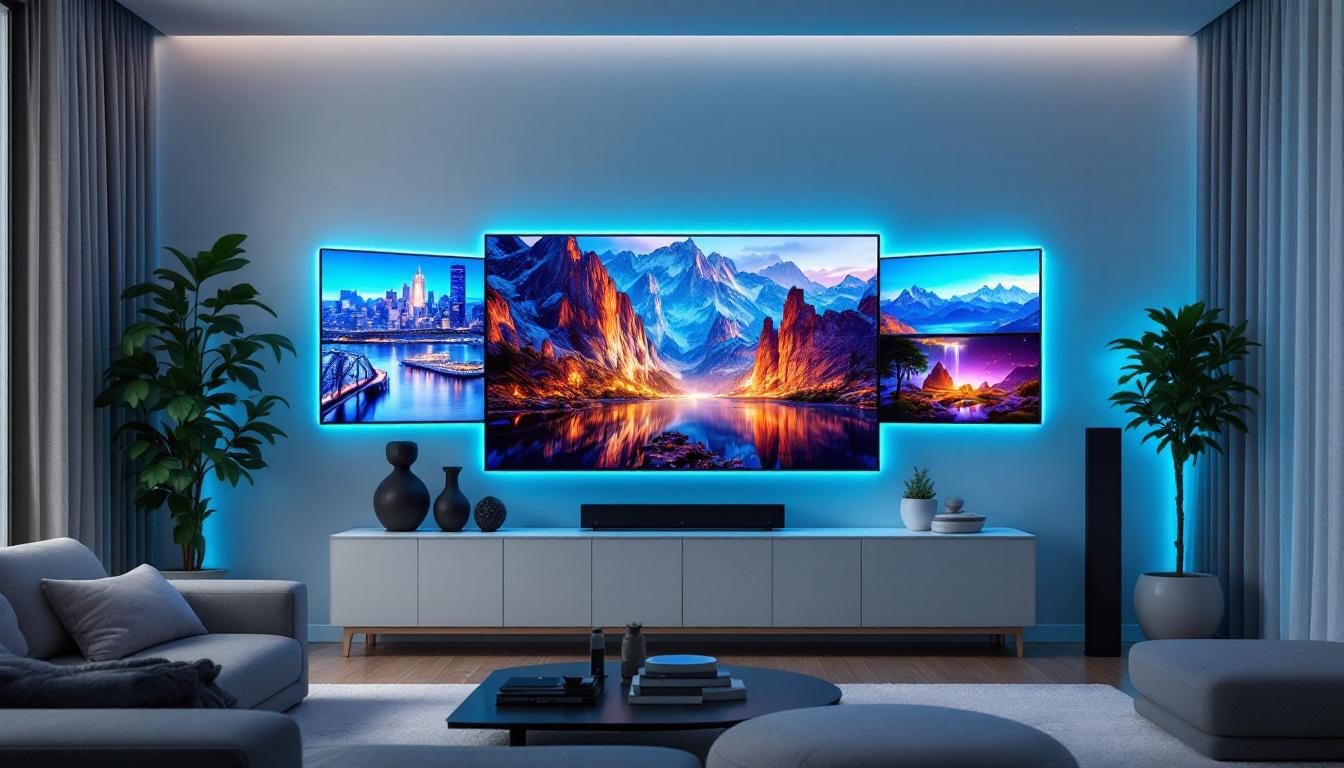 A photograph of a stunning multi-screen tv wall setup in a modern living space