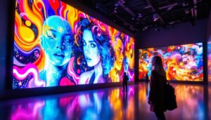 A photograph of a vibrant led display showcasing dynamic digital signage in a museum setting