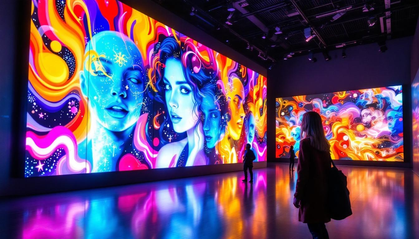 A photograph of a vibrant led display showcasing dynamic digital signage in a museum setting