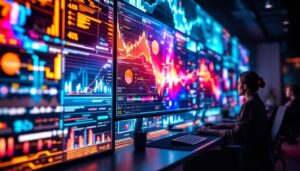 A photograph of a dynamic wall of led computer screens displaying vibrant