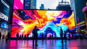 A photograph of a vibrant led display in a dynamic urban setting