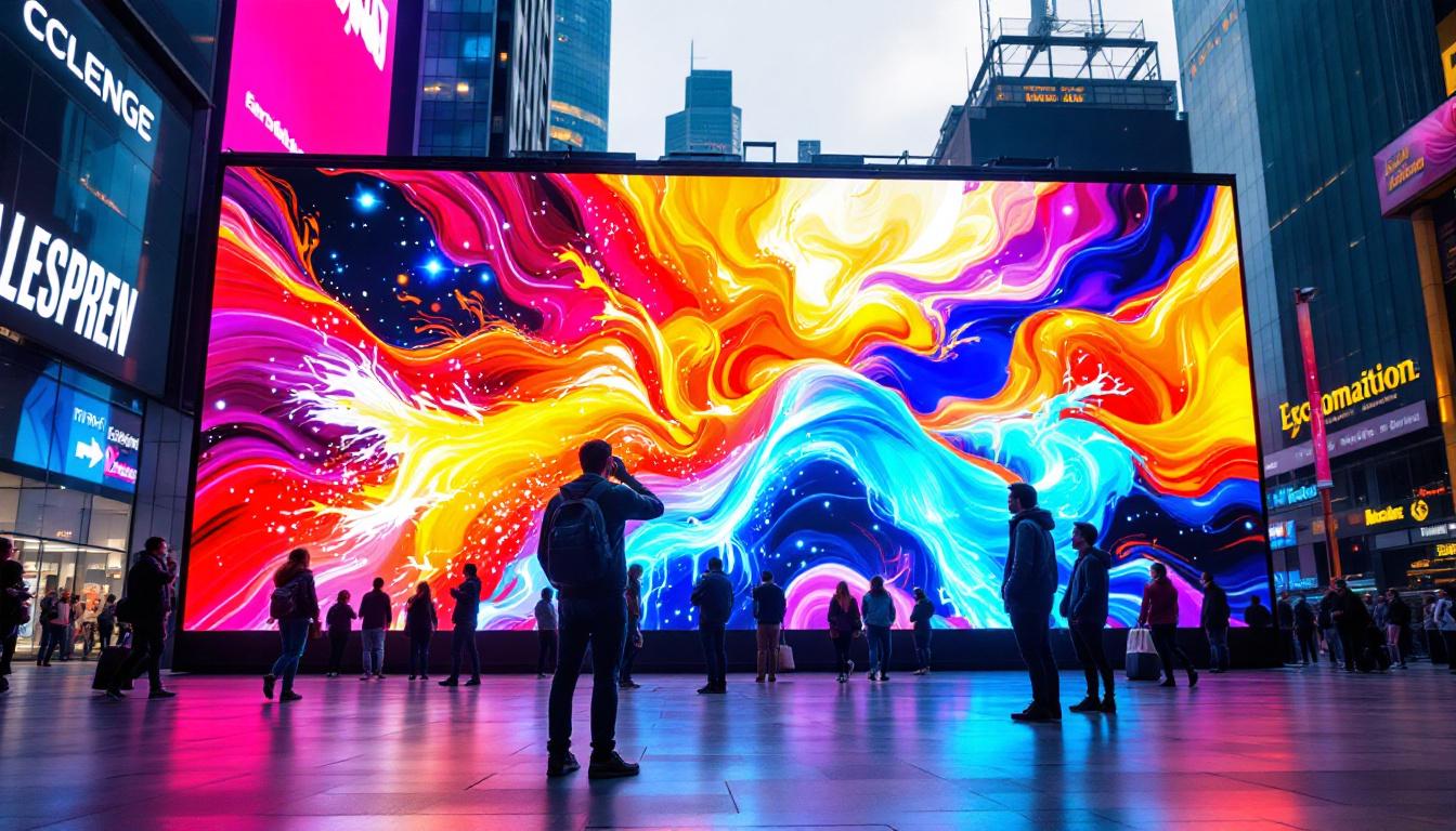 A photograph of a vibrant led display in a dynamic urban setting