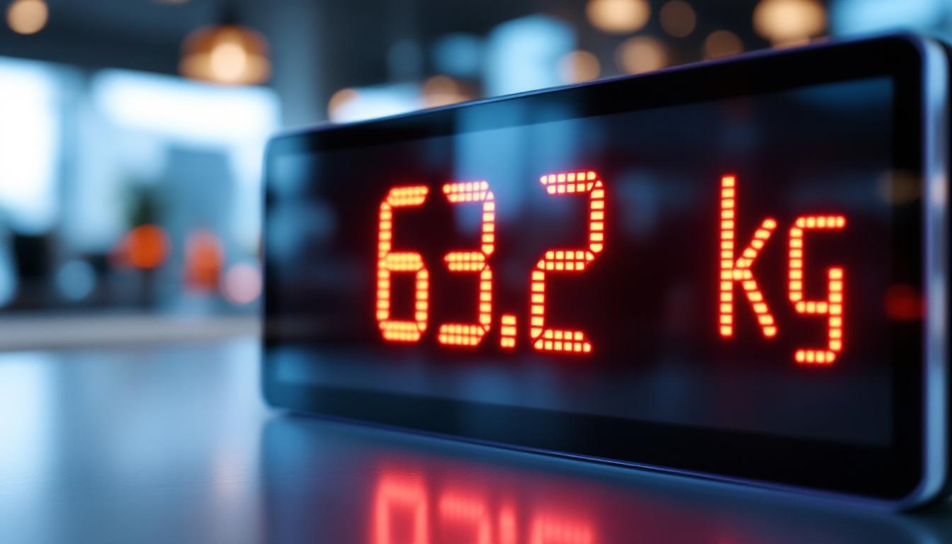 A photograph of a sleek led display showcasing the conversion of 63.2 kilograms to pounds