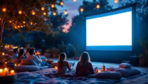 A photograph of a vibrant outdoor movie night scene featuring a large led projector screen displaying a film