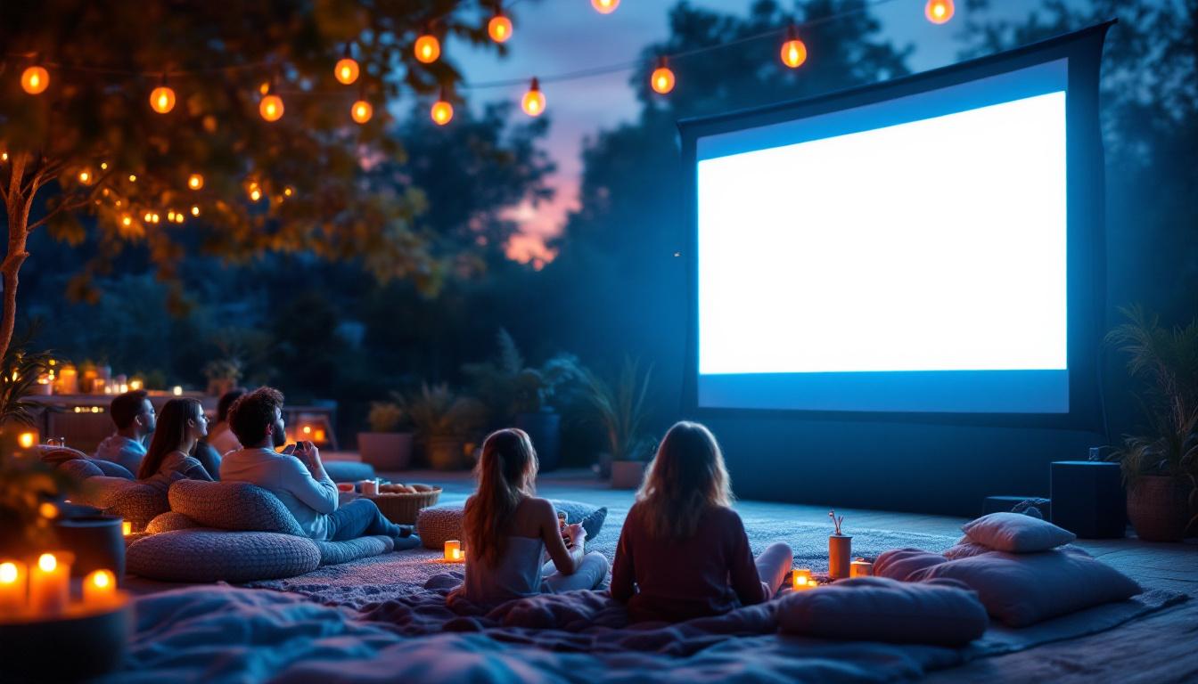 A photograph of a vibrant outdoor movie night scene featuring a large led projector screen displaying a film