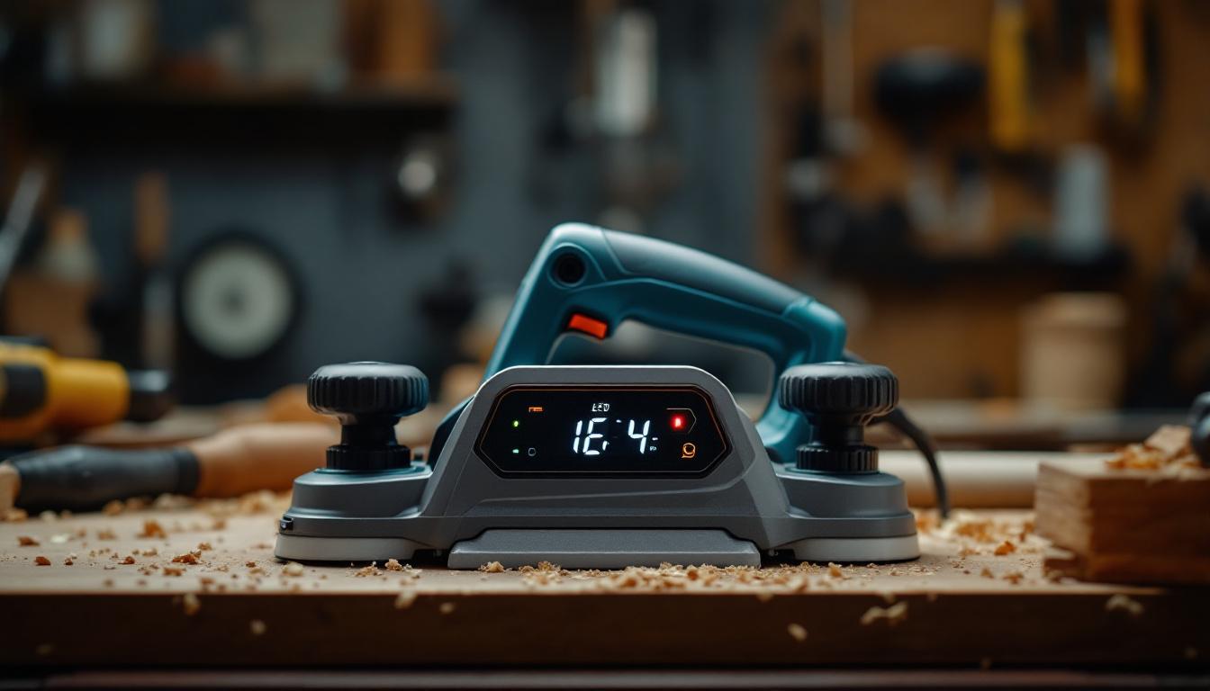 A photograph of capture a photograph of an electric planer prominently displayed on a workbench