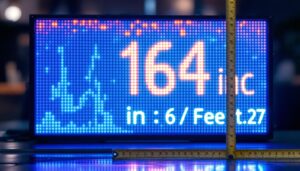 A photograph of a vibrant led display showcasing the measurement conversion of 164 inches to feet