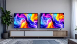 A photograph of a side-by-side comparison of a plasma tv and an led tv displaying vibrant