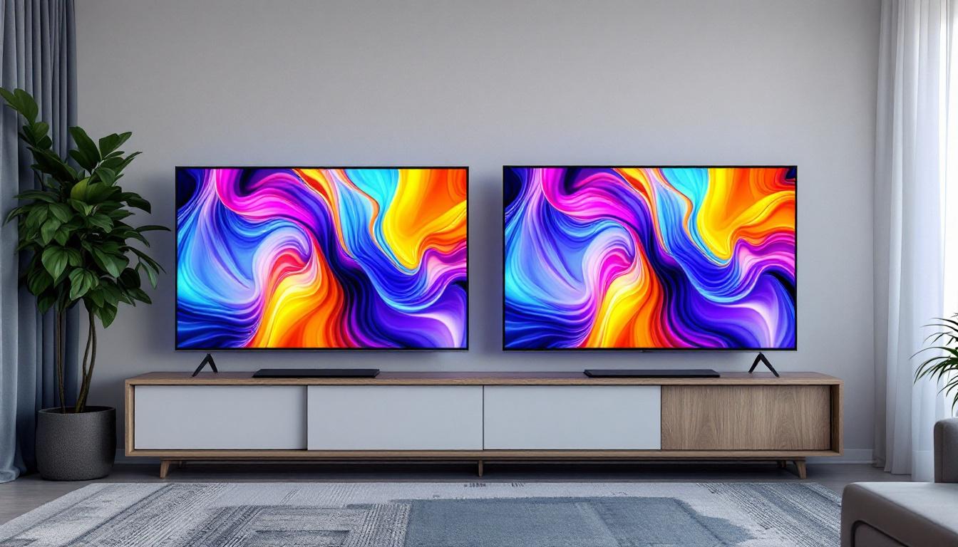 A photograph of a side-by-side comparison of a plasma tv and an led tv displaying vibrant