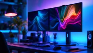 A photograph of a sleek dual pc monitor mount setup featuring two led displays