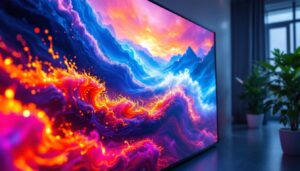 A photograph of a vibrant 4k led display showcasing a dynamic
