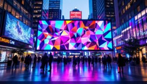 A photograph of a vibrant led display integrated into an urban american setting