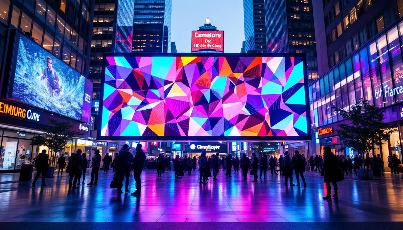 A photograph of a vibrant led display integrated into an urban american setting