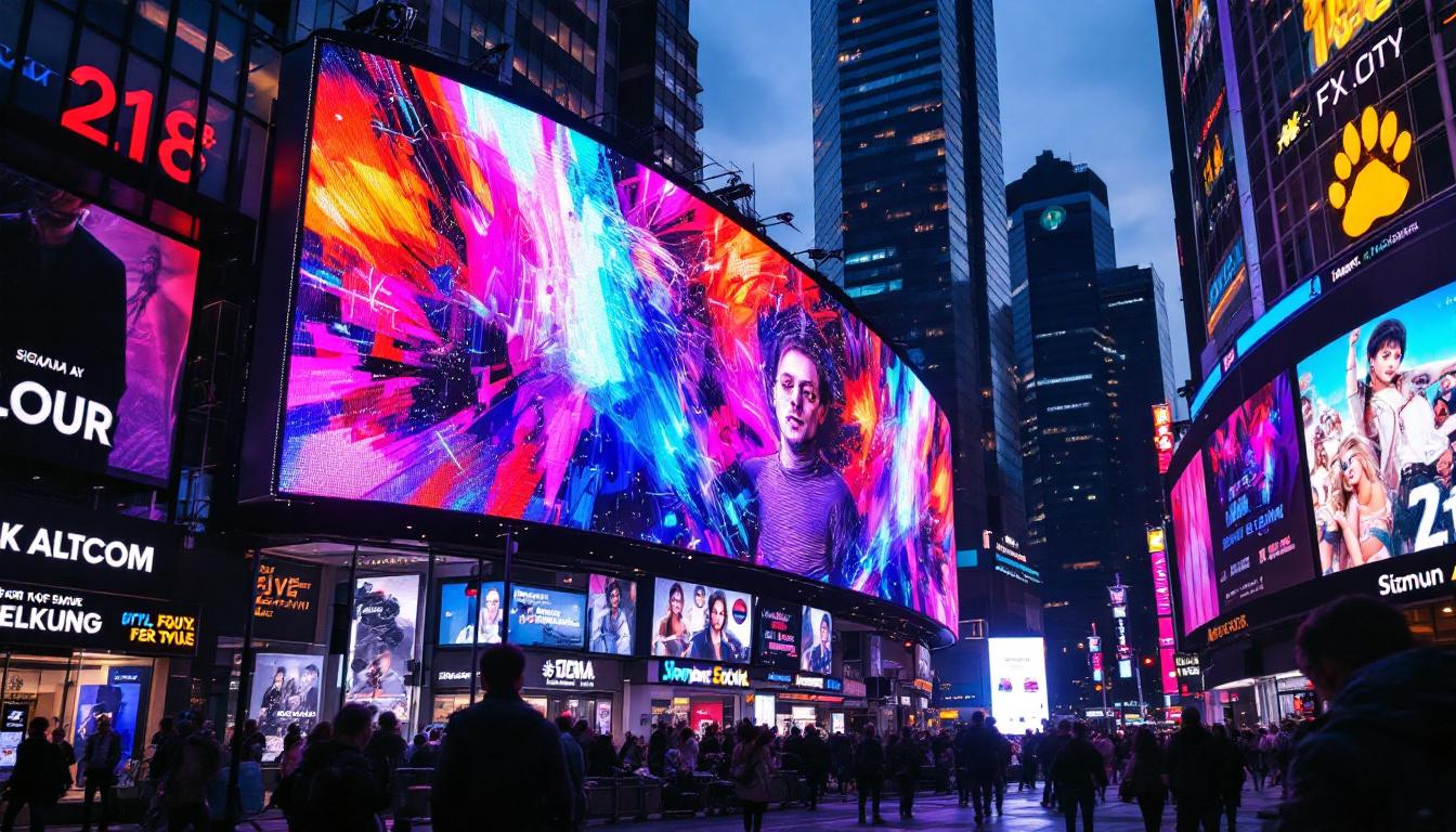 A photograph of a vibrant led display in a bustling urban environment at dusk