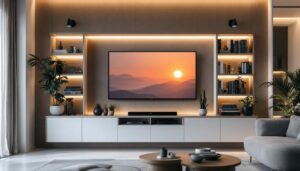 A photograph of a stylish wall-mounted media storage unit featuring an led display