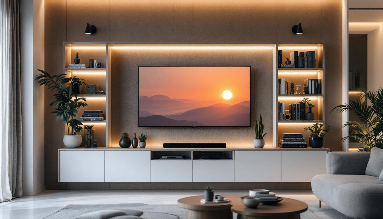 A photograph of a stylish wall-mounted media storage unit featuring an led display