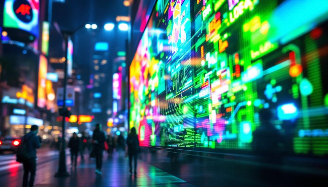 A photograph of a vibrant led display in a dynamic urban setting