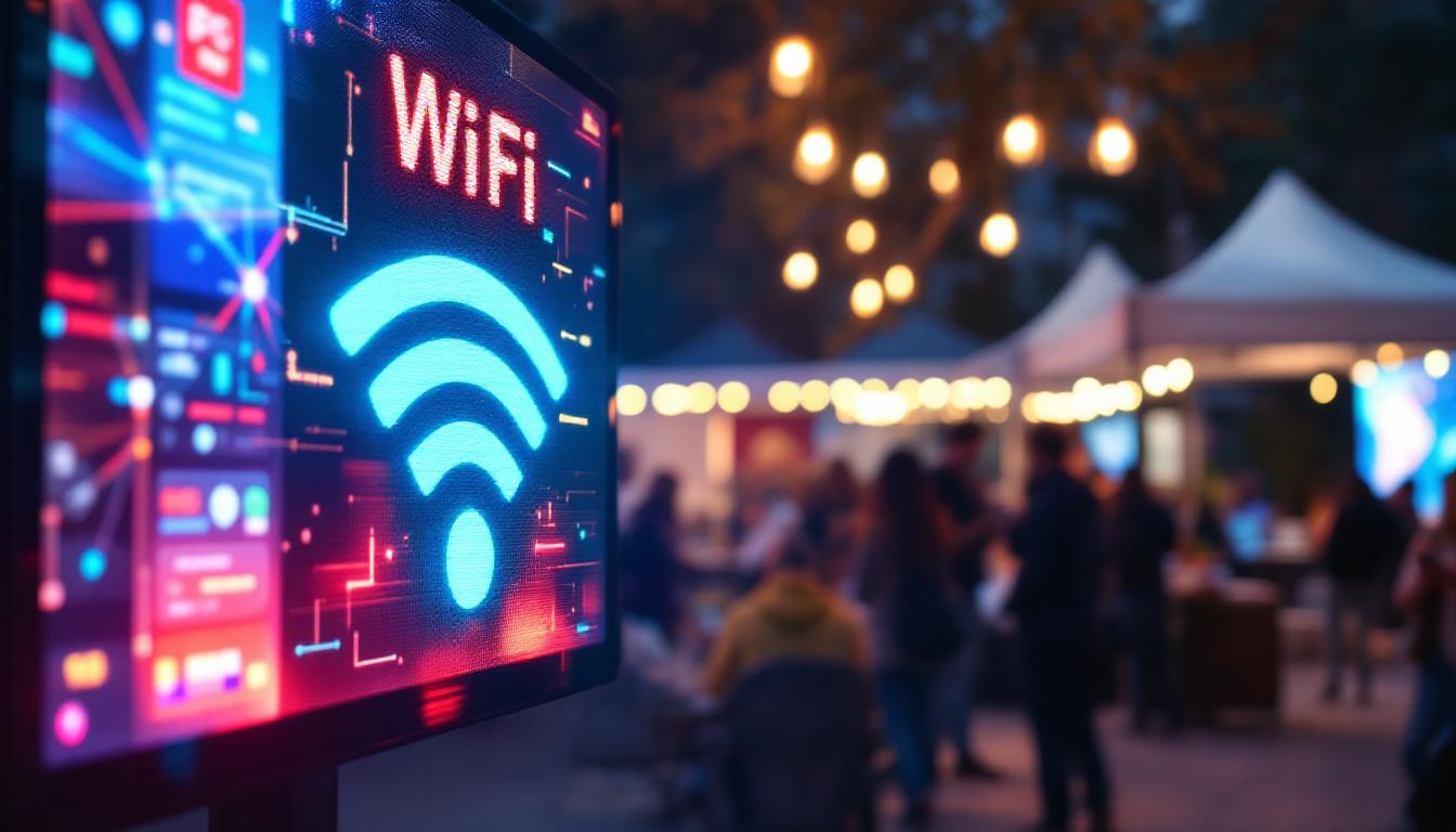 A photograph of a modern led display showcasing a vibrant wifi signal icon in a temporary outdoor setting