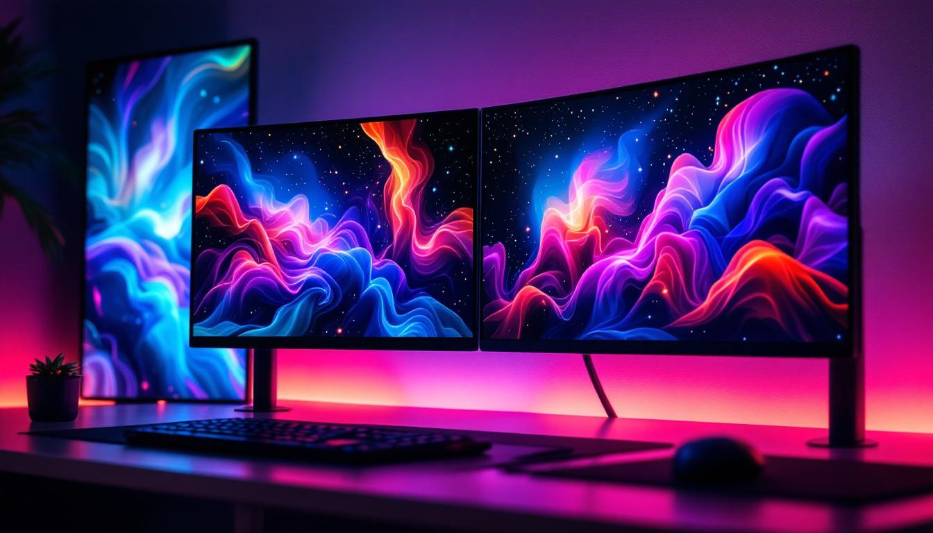 A photograph of a vibrant dual monitor setup showcasing dynamic live wallpaper