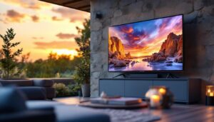 A photograph of a sleek outdoor tv housed in a weatherproof case