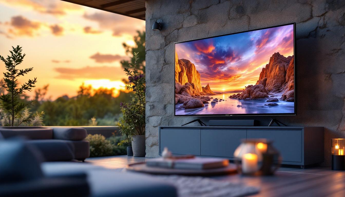 A photograph of a sleek outdoor tv housed in a weatherproof case