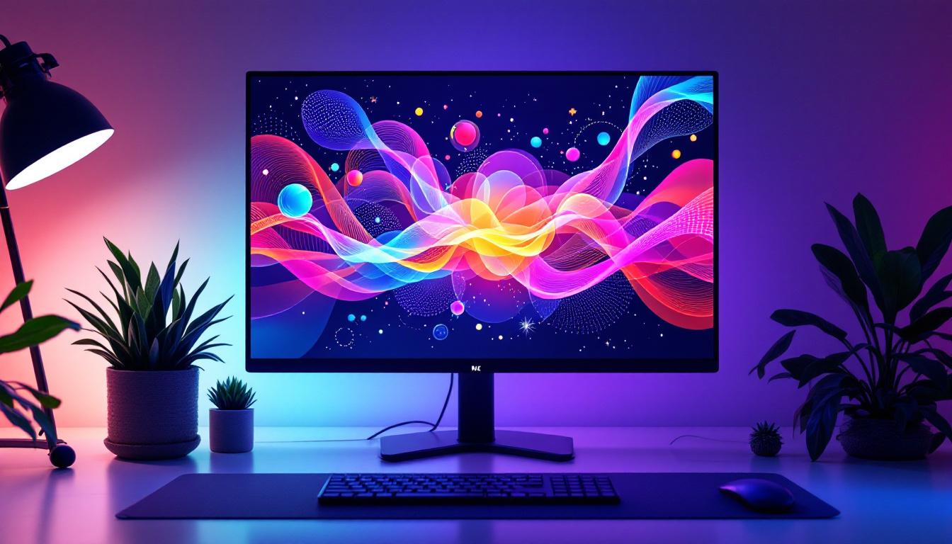 A photograph of a vibrant led computer monitor displaying a colorful and visually engaging graphic