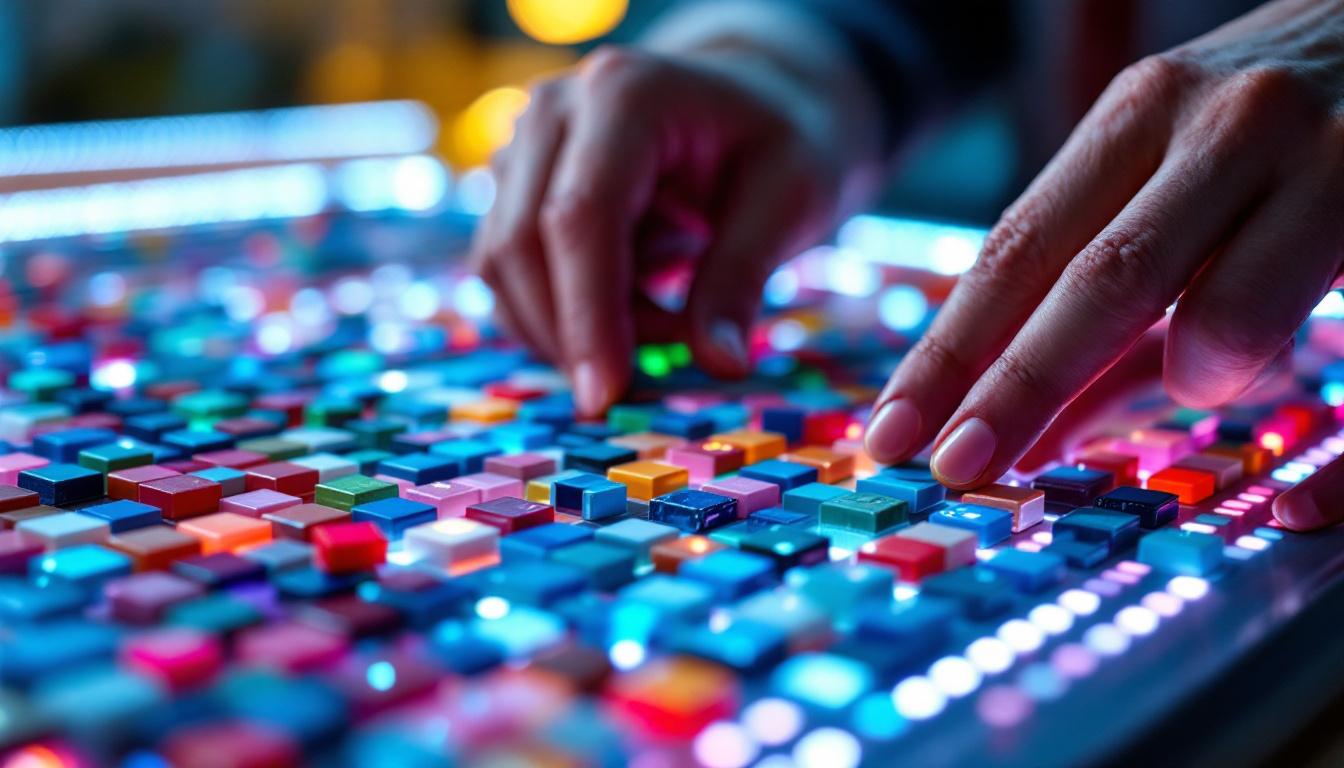 A photograph of a close-up view of a vibrant micro mosaic kit in use