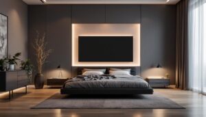A photograph of a stylish full wall bed with an integrated led display
