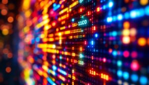A photograph of a vibrant led display showcasing a visually striking matrix pattern